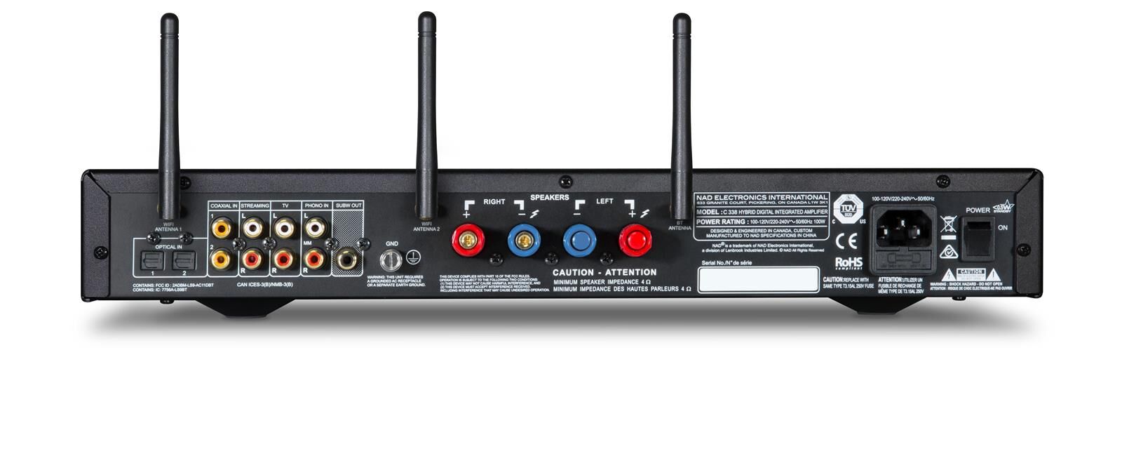 NAD C 338 Rear with antennas NAD C 338 Hybrid Digital Vollverstärker graphit (Aussteller)